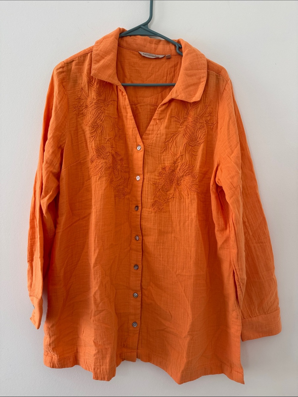 Soft Surroundings Orange Embroidered Button-Front Shirt